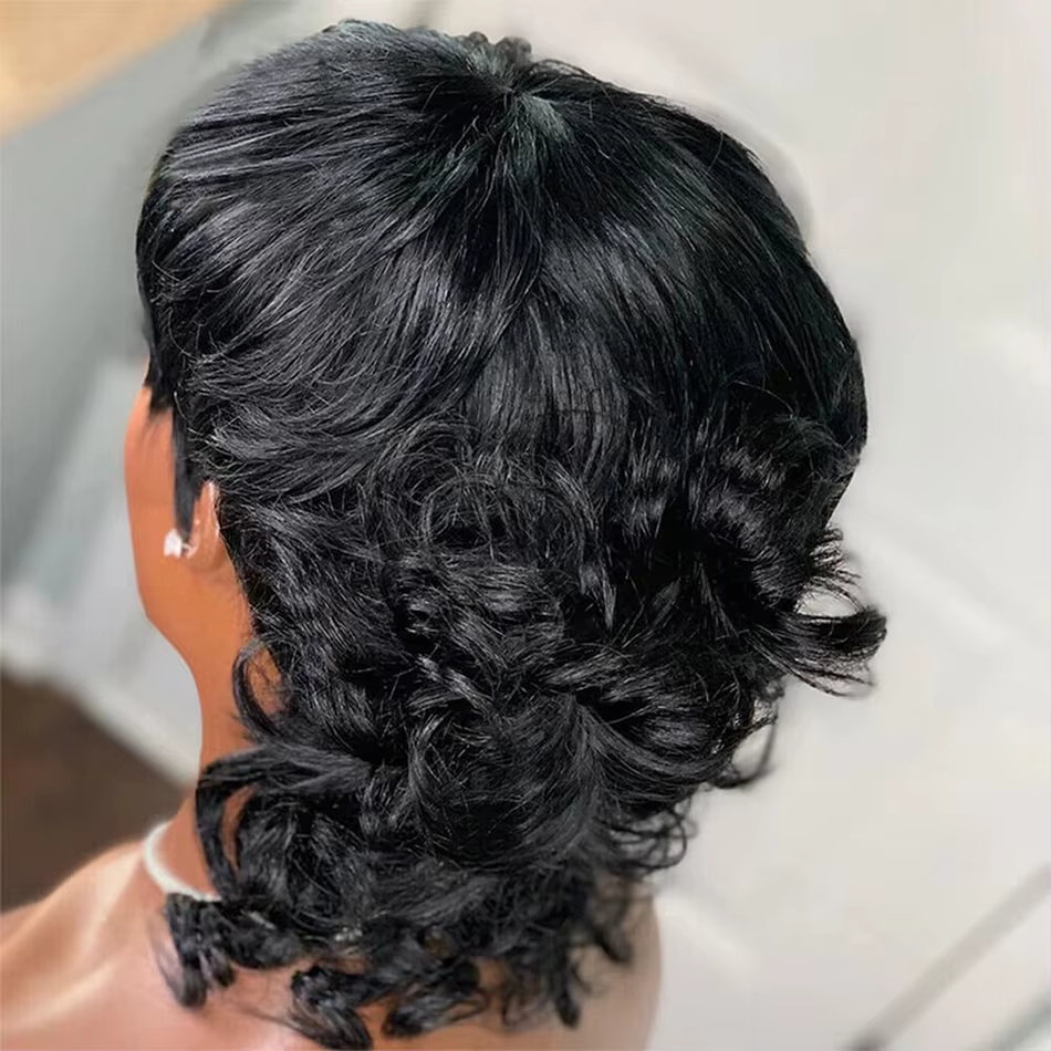 Perruque de cheveux humains 1B, cheveux courts bouclés, coupe Pixie, avec frange, Style mulet superp