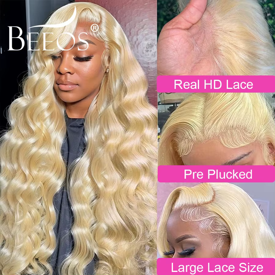 34 pouces 250% 13x6 HD dentelle frontale perruques fondre peaux cuir chevelu naturel 613 Blonde vagu