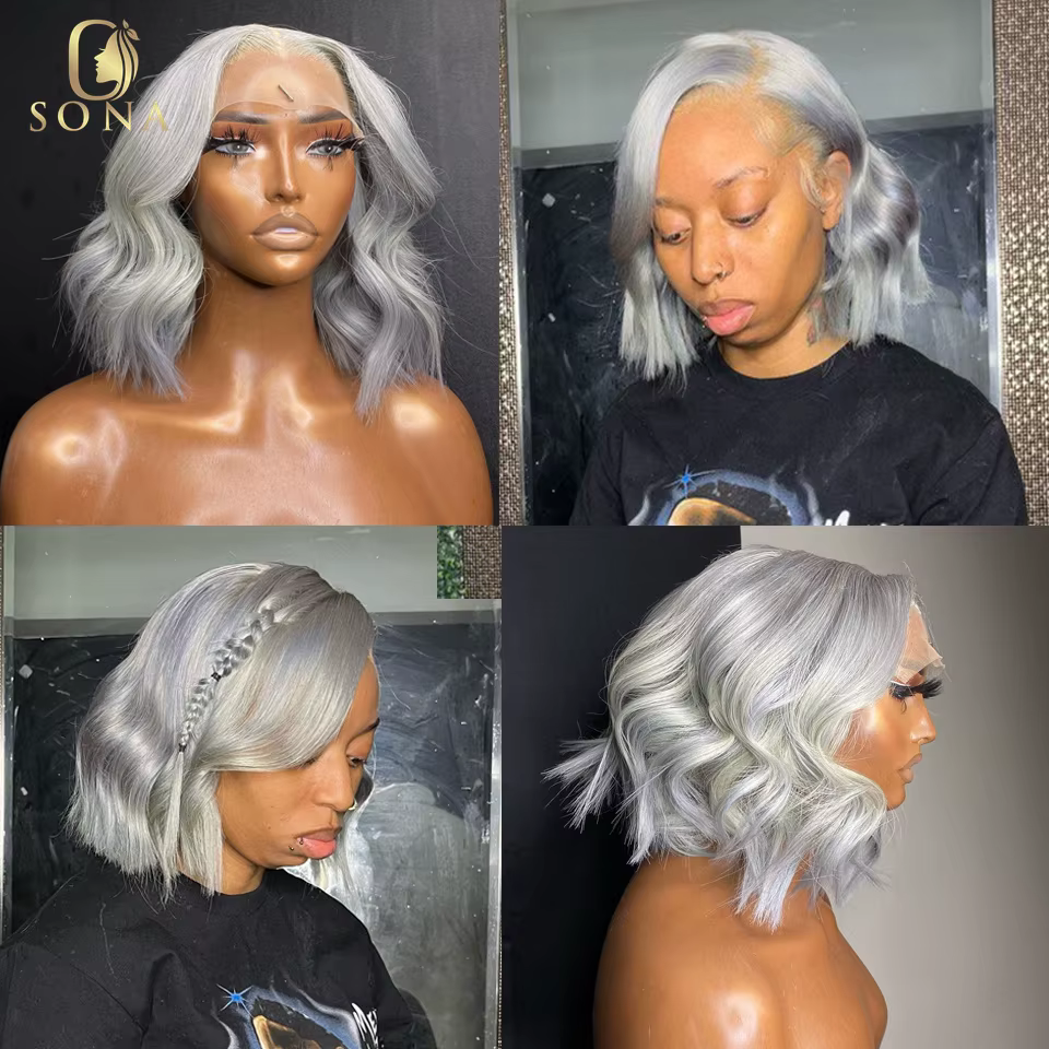 Perruque Bob Lace Front Wig Body Wave Naturelle, Cheveux Courts, Gris Clair, 13x6, 13x4, Couleur Blo