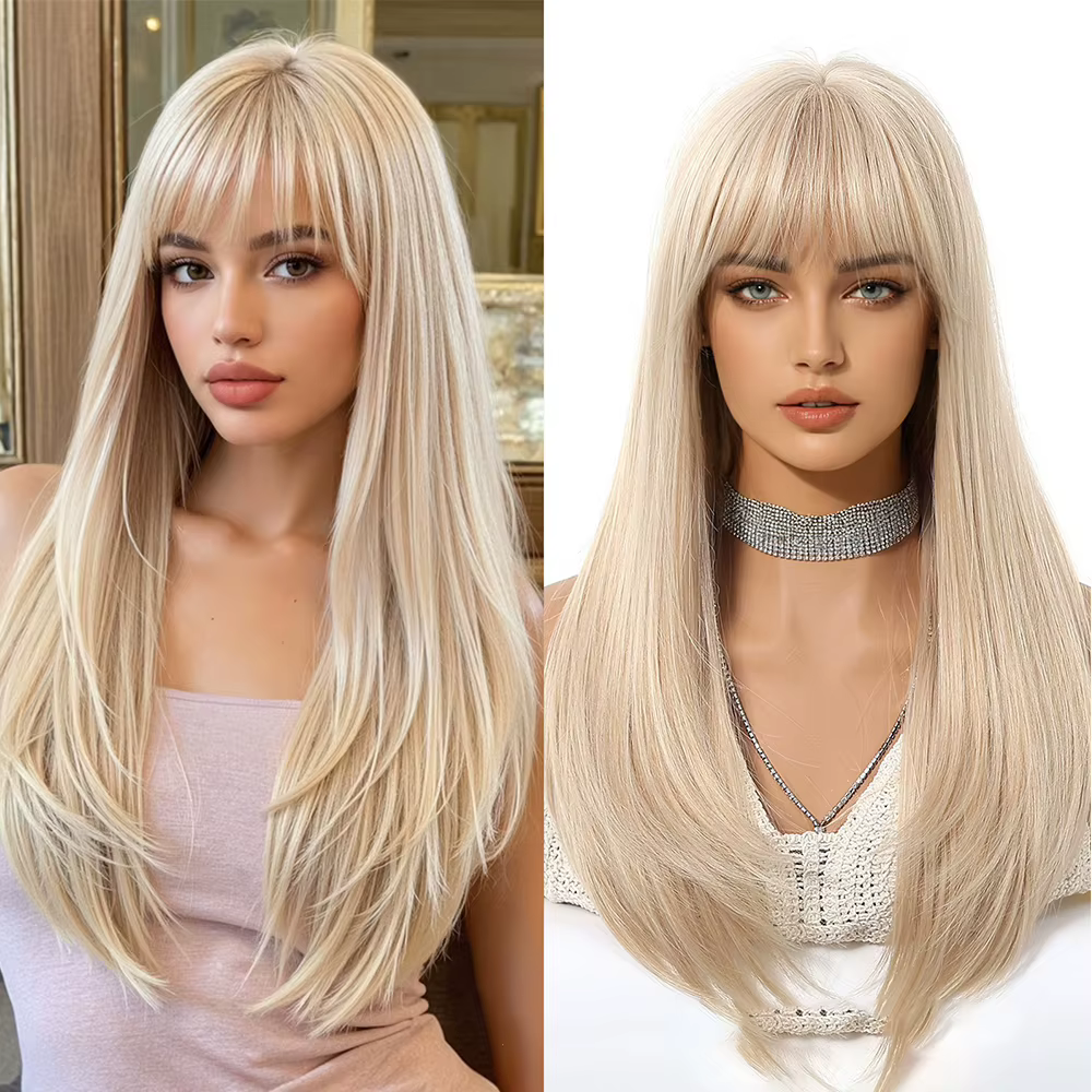 Perruque Blonde dorée avec frange, cheveux longs et lisses, naturels, pour femmes, perruques de Cosp
