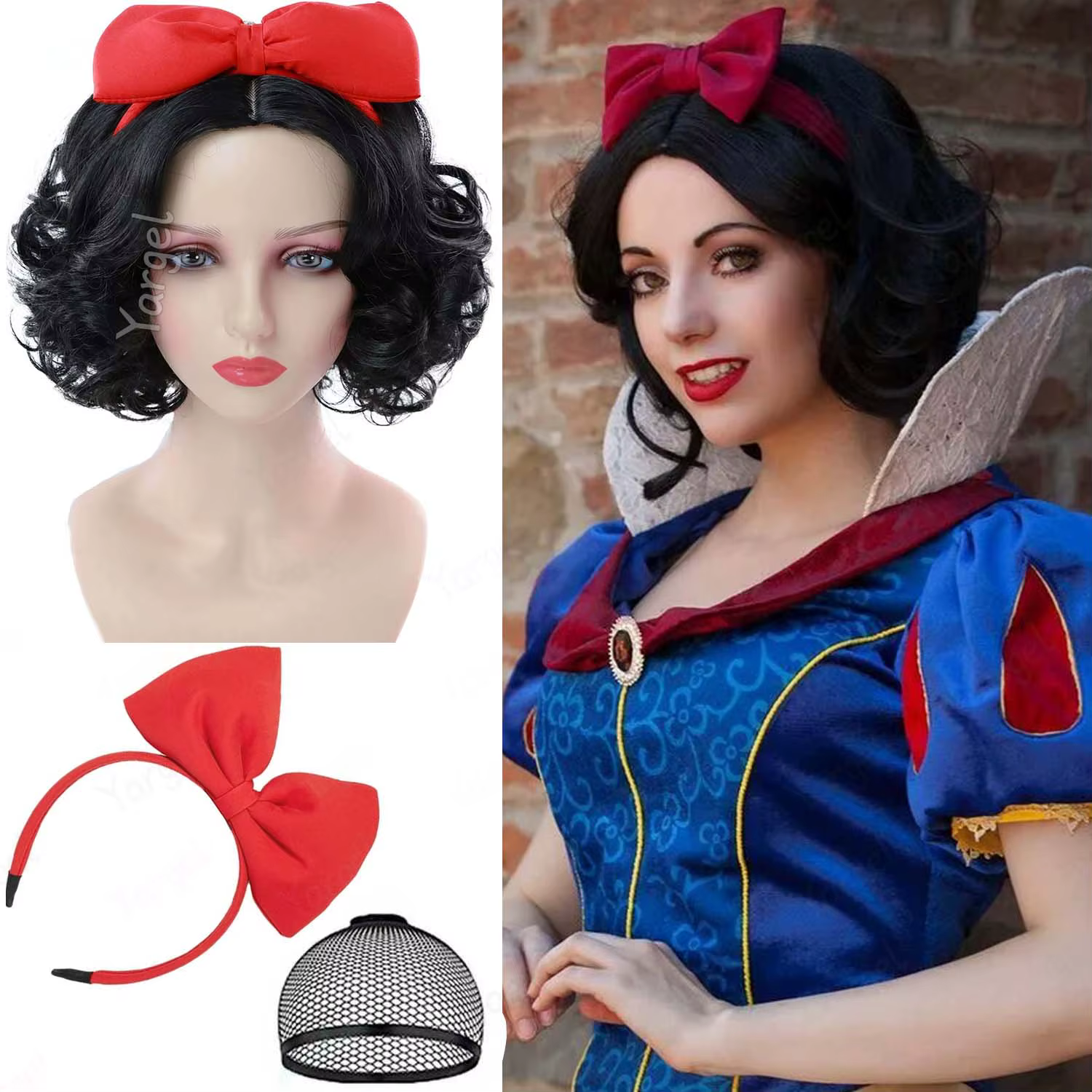 Perruque synthétique courte ondulée noire pour filles, femmes adultes, princesse Blanche-Neige, cosp
