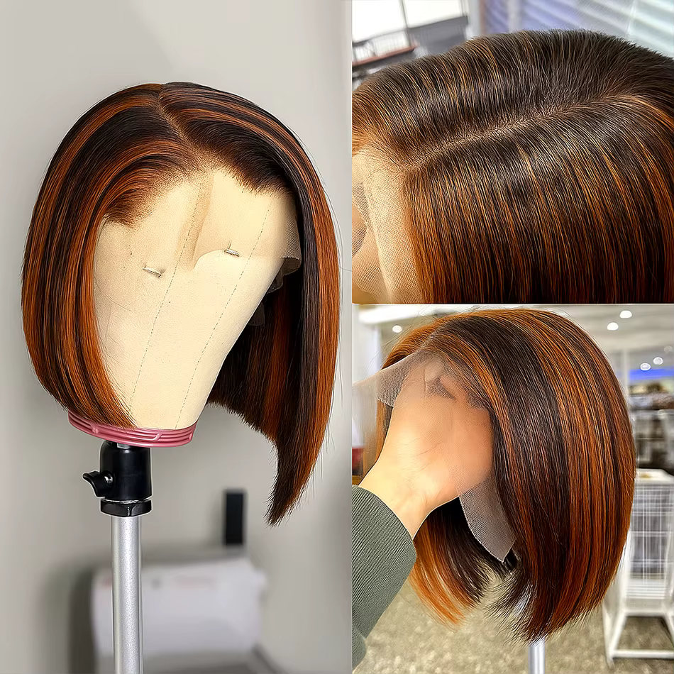 # Perruque Bob Lace Front Wig naturelle lisse à reflets 4/350, 13x4, cheveux humains, couleur marron