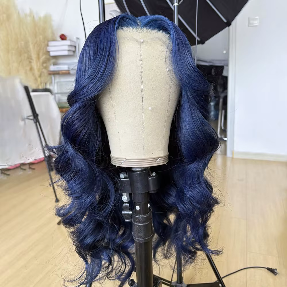 Perruque Lace Front Wig synthétique bleu foncé, perruque longue ondulée 13x4 sans colle pour femmes,