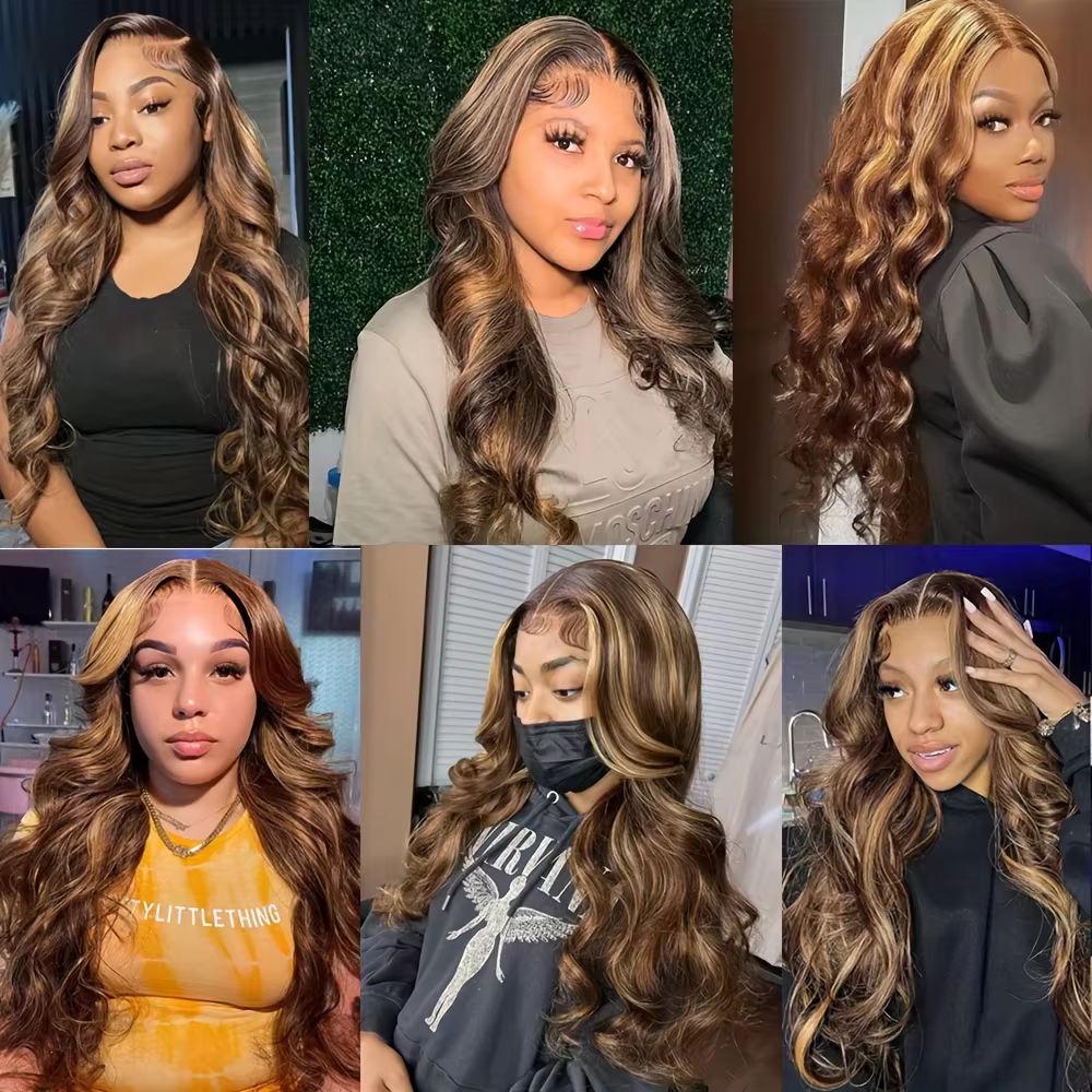 Perruque Body Wave Ombrée 30-36 Pouces, Couleur 4/27, Cheveux Humains HD, Perruques Lace Front 13x4 