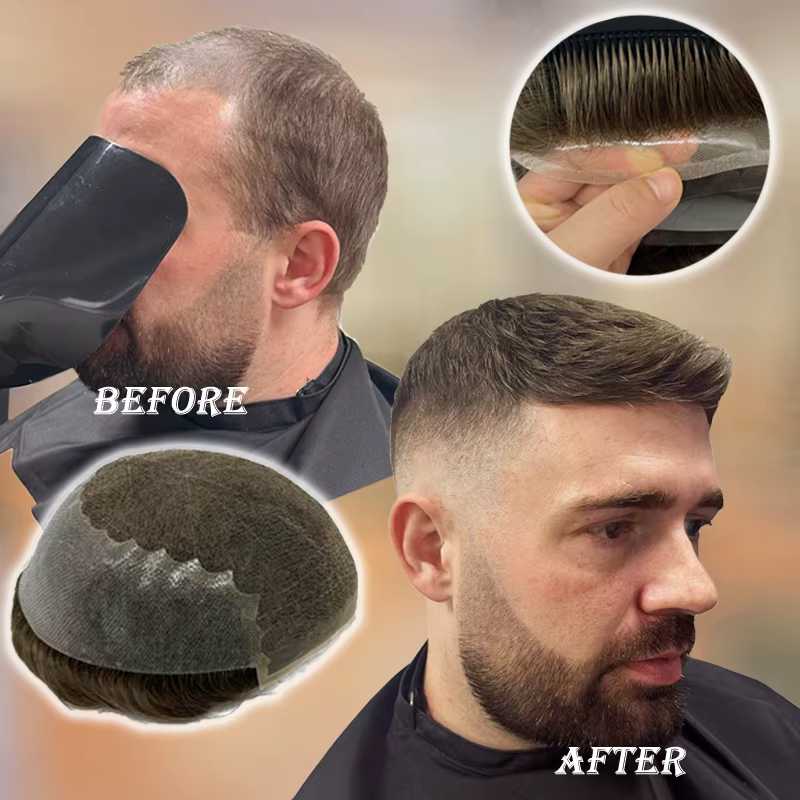 Q6 hommes toupet dentelle et Base en polyuréthane système de cheveux humains unité Durable mâle prot
