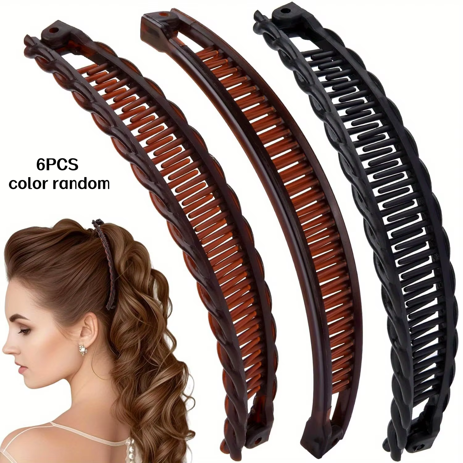 Lot de 6 grandes pinces à cheveux banane pour femme en couleurs aléatoires – Pinces rétro antidérapa