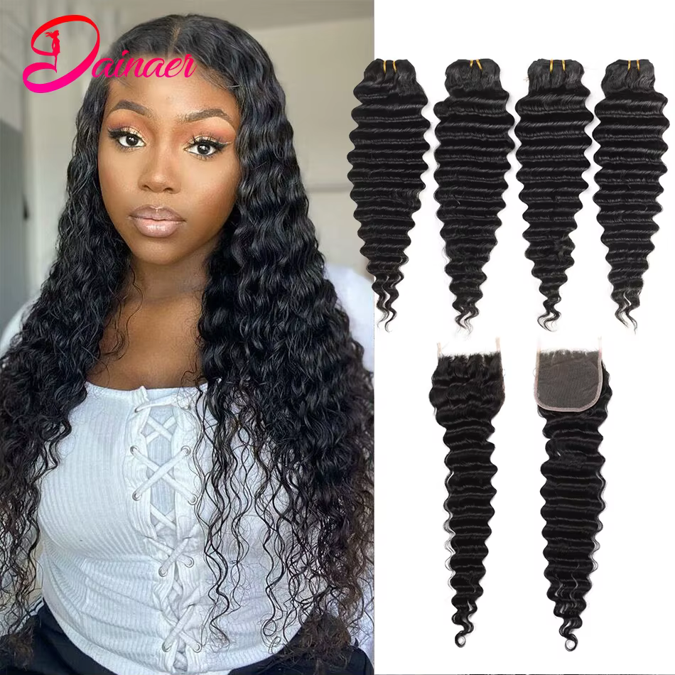 Tissage en Lot Brésilien Naturel Deep Wave avec Closure, 4x4