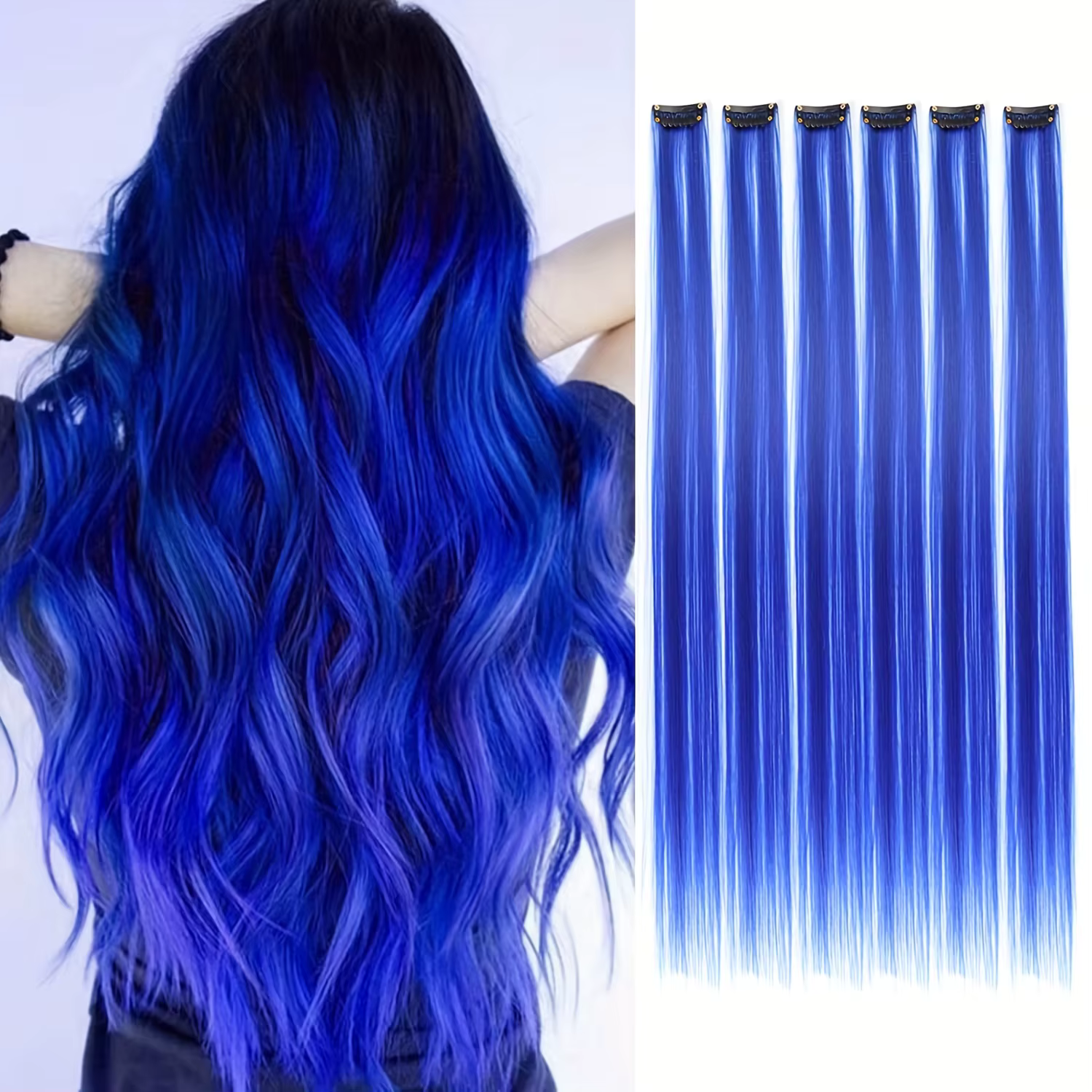 Extensions de cheveux bleus à clips, 6 pièces, reflets colorés, postiches synthétiques arc-en-ciel d