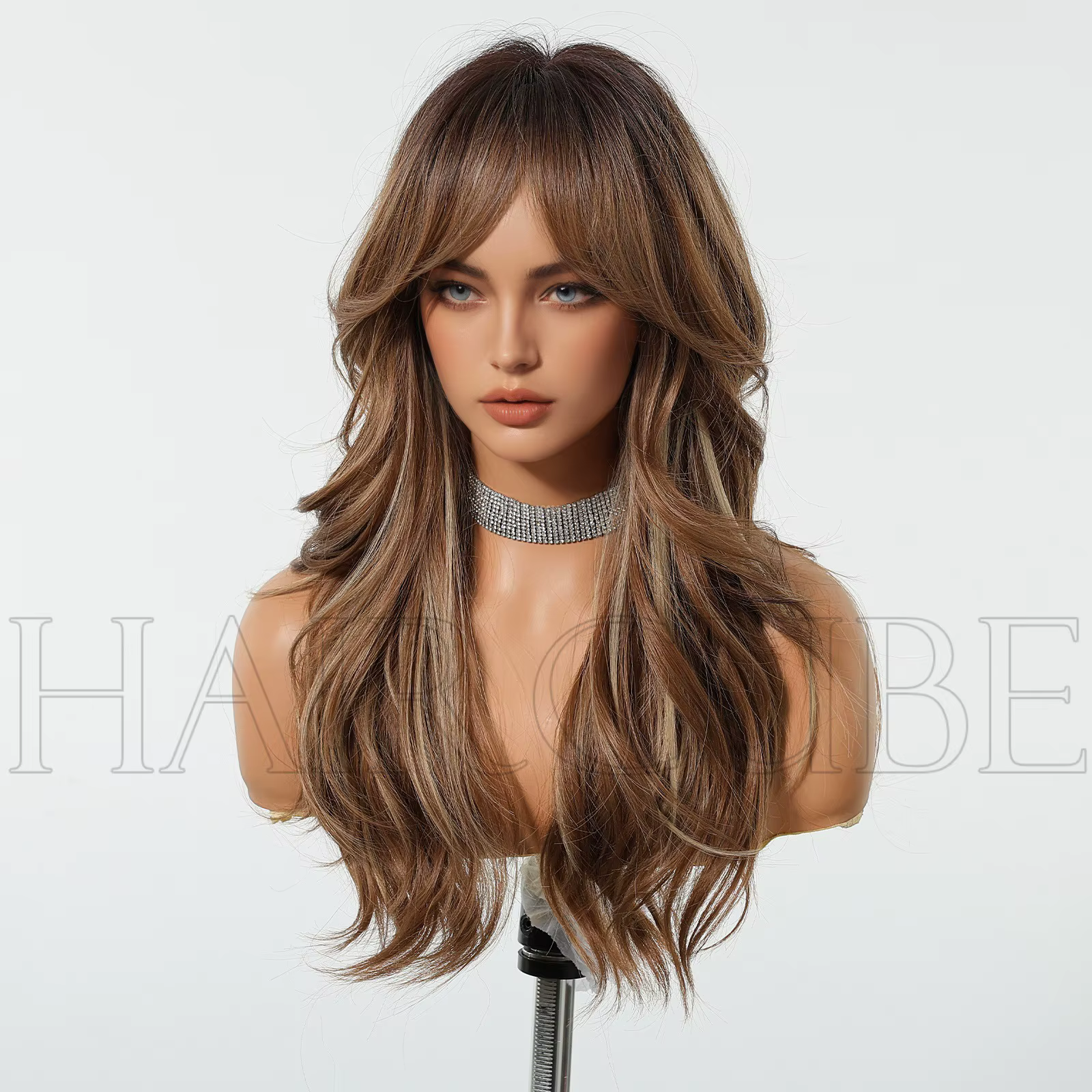 Perruques ondulées brunes pour femmes avec frange, perruque longue en cheveux synthétiques naturels,