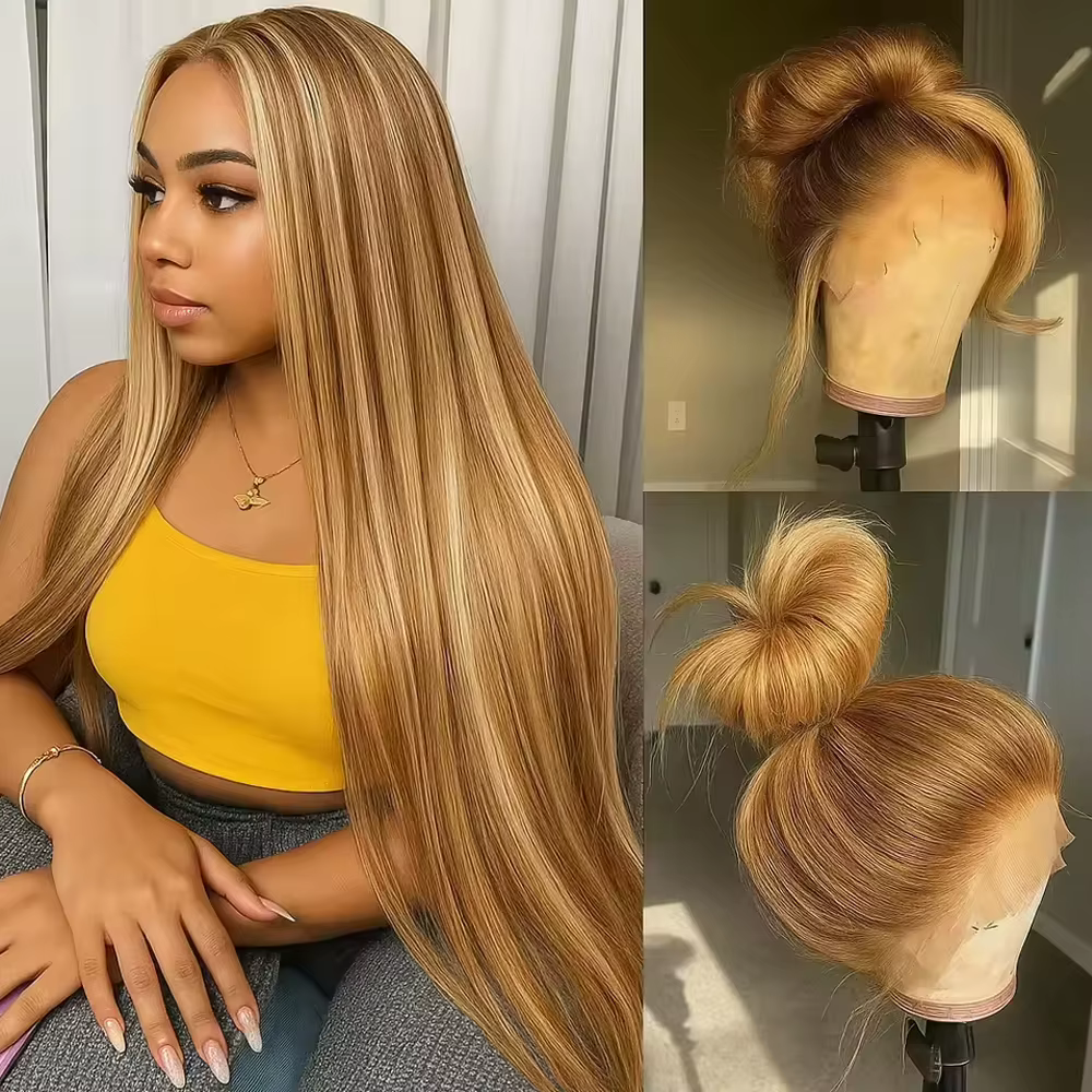 Perruque Lace Front Wig lisse HD, 30 pouces, blond miel ombré, densité 180%, 13x4, à reflets, pour f