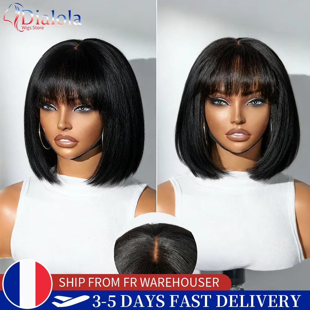 Perruques Lace Bob en cheveux humains lisses Dialola avec frange, raie au milieu, effet cuir chevelu