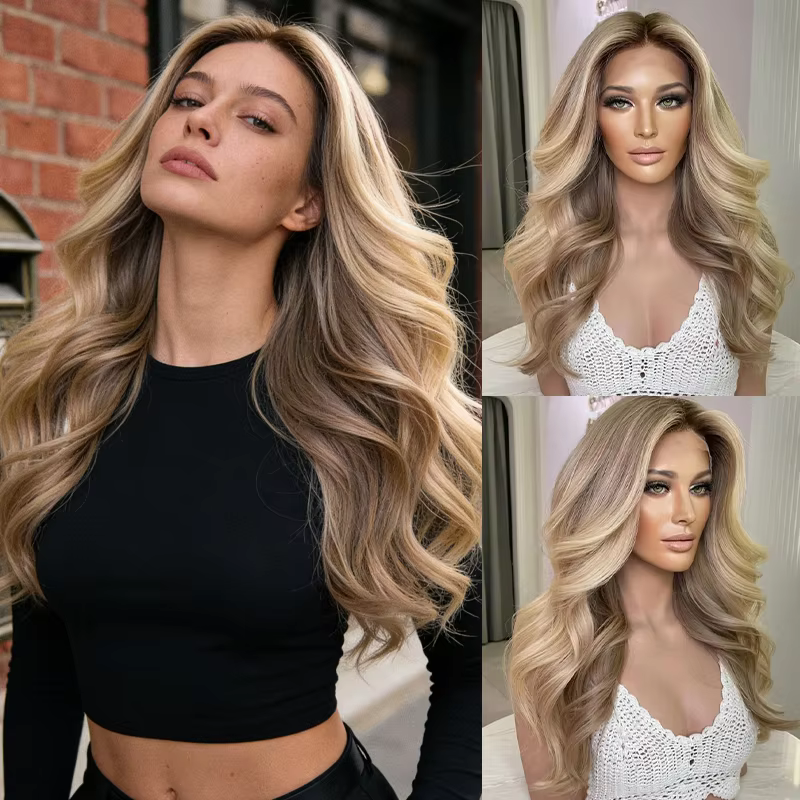 Nouvelle perruque Lace Front 2026 tendance, mèches blondes et brunes, mélange synthétique 5% cheveux