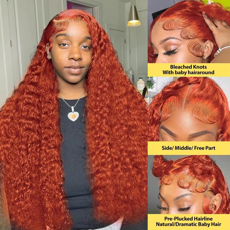 Perruque de cheveux humains frontale en dentelle HD vague d'eau de couleur orange 13x6 pre-plucked v