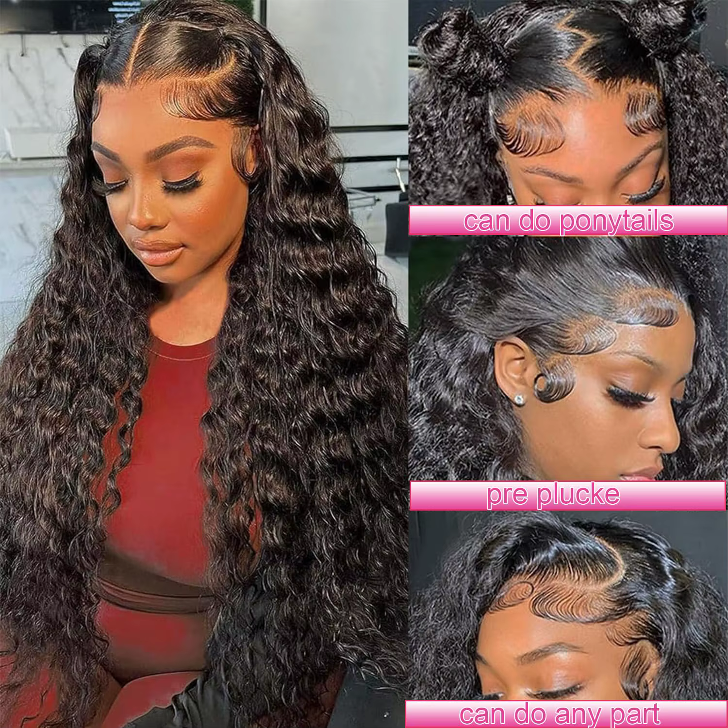 7x6 vague profonde cheveux humains pré plumé bouclés couleur noire naturelle perruques sans colle pe