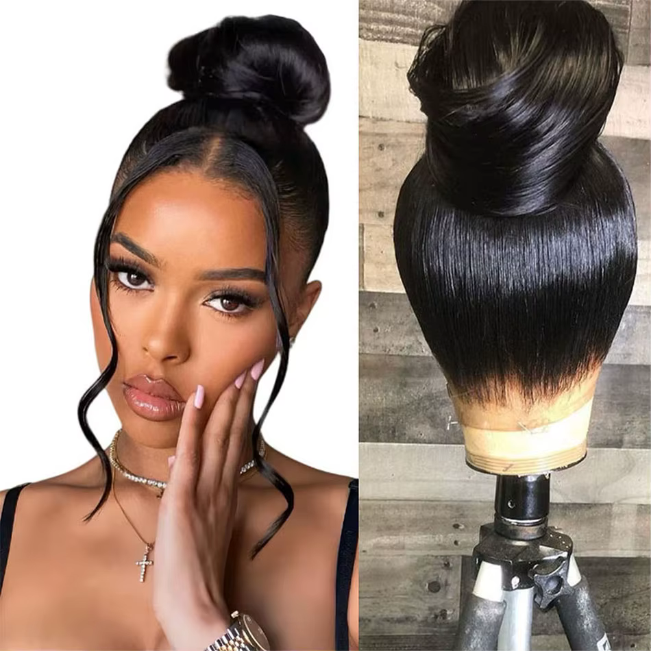 Perruques de cheveux humains lisses noires naturelles de 30 pouces, avec dentelle frontale 360, dent