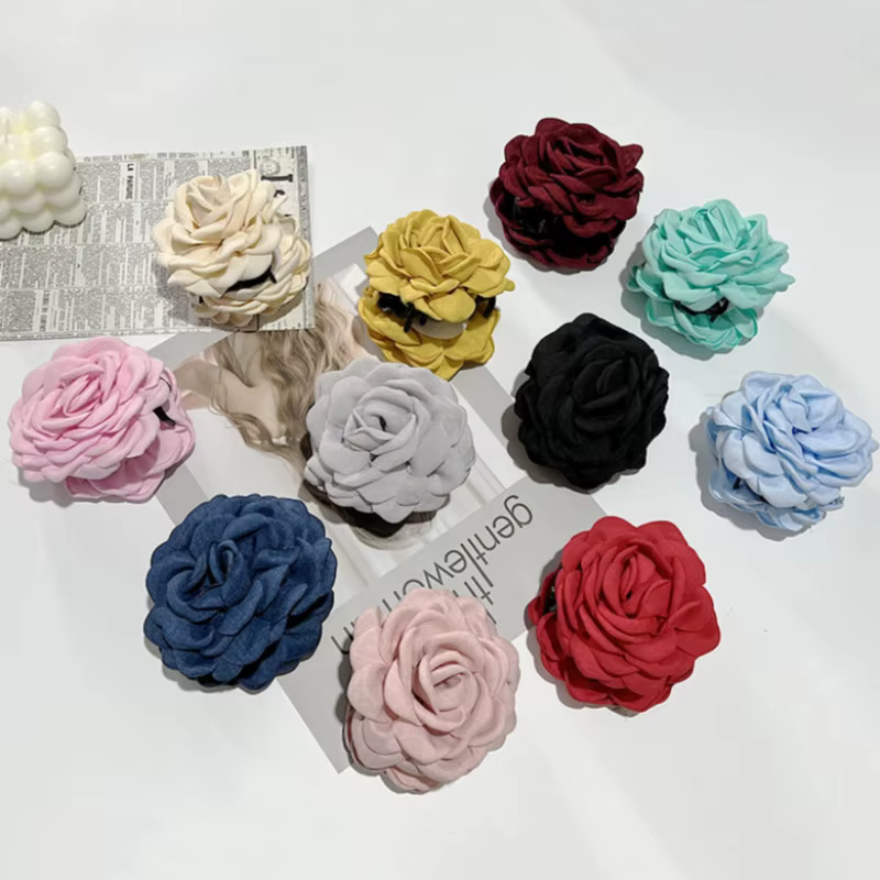 Pinces à cheveux en tissu français pour femmes et filles, pinces à cheveux fleur rose, épingles à ch