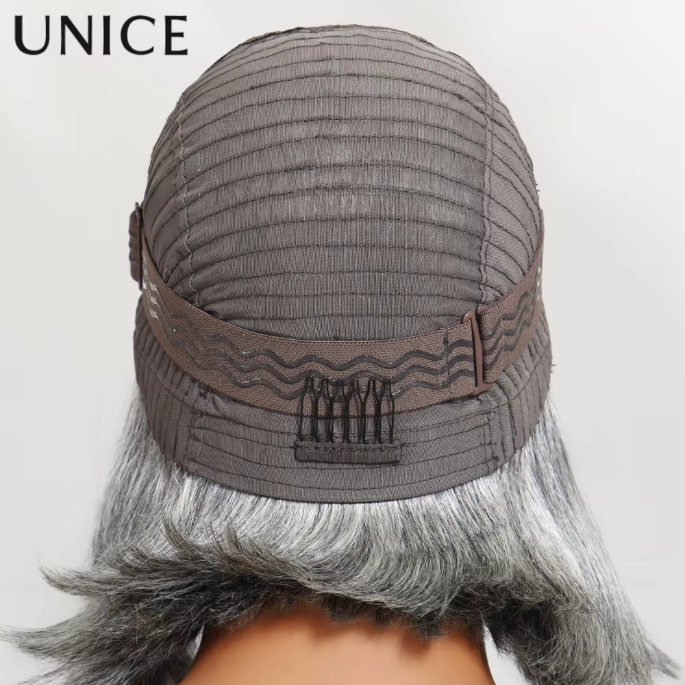 UNICE cheveux couches éclat sel et poivre sans colle perruque de cheveux humains pré-coupé 6.5x1.5 d