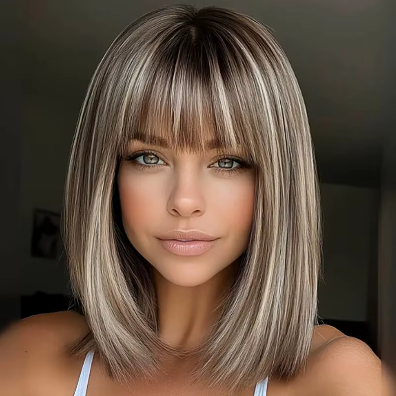 Perruque courte coupe Bob marron mélangée à reflets avec frange droite (fibre synthétique) – Parfait