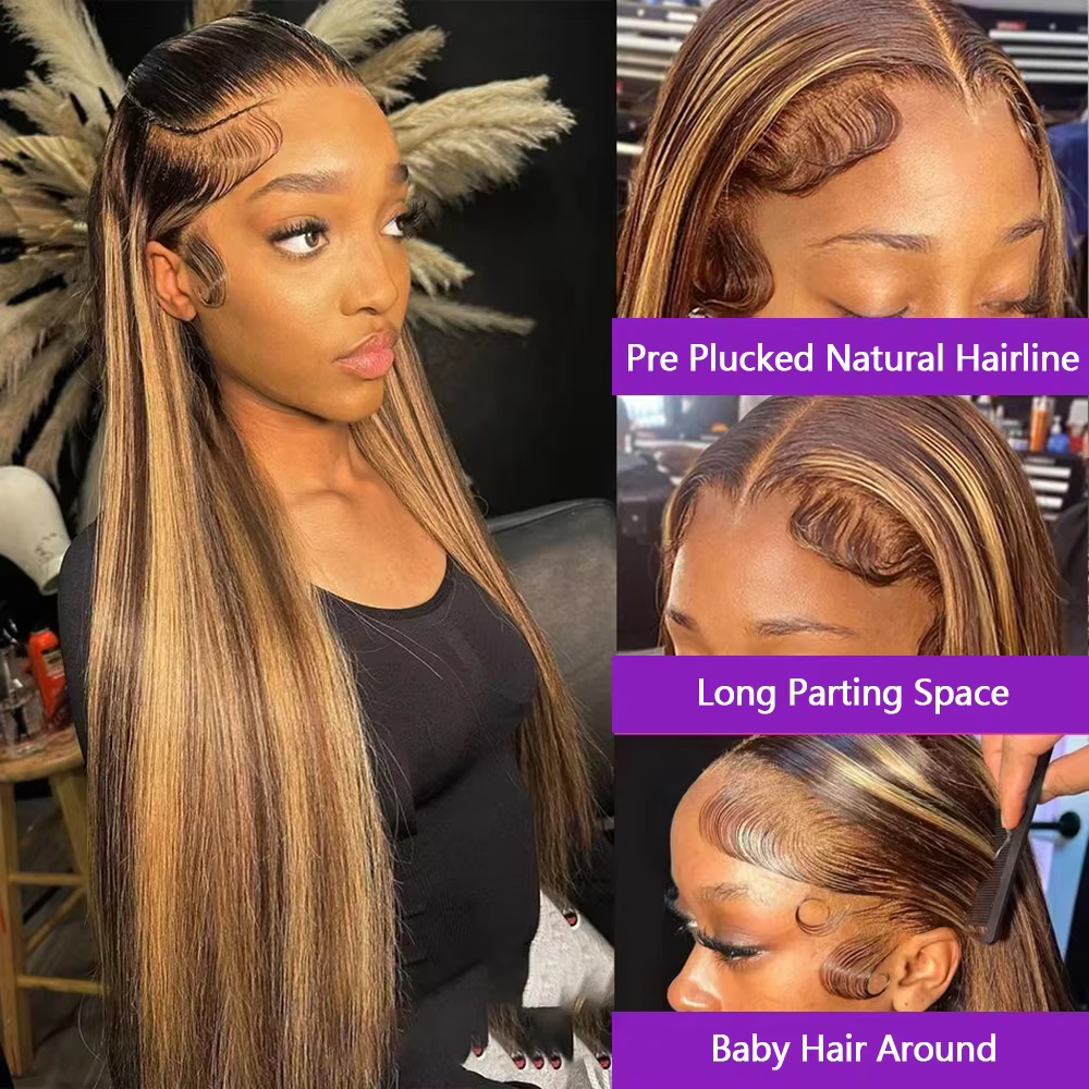 Perruque en cheveux humains 220% Highlight, Lace Front 13x4, lisse, pré-épilée, couleur 4/27, brésil