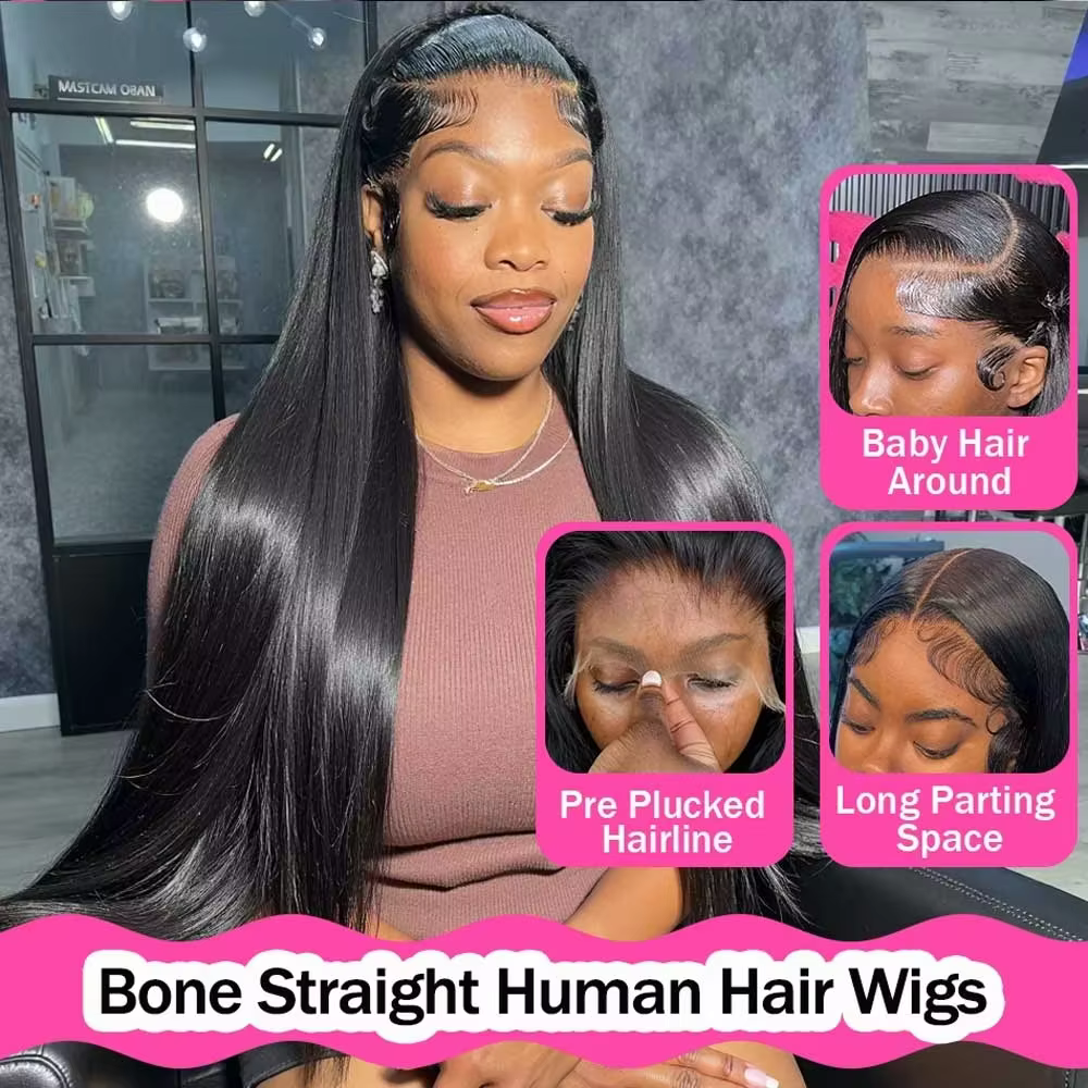 40 pouces noir droite perruques de cheveux humains 13x6 HD dentelle frontale perruque pré-plumée 250
