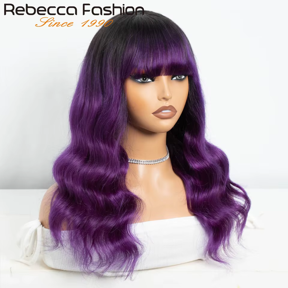 22 "T1B/violet corps vague perruques de cheveux humains avec frange frange mettre et aller brésilien