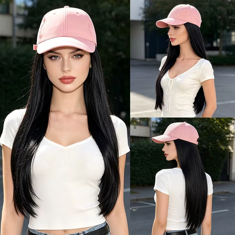 Casquette de baseball rose tendance avec perruque synthétique à cheveux blonds longs – Légère, confo