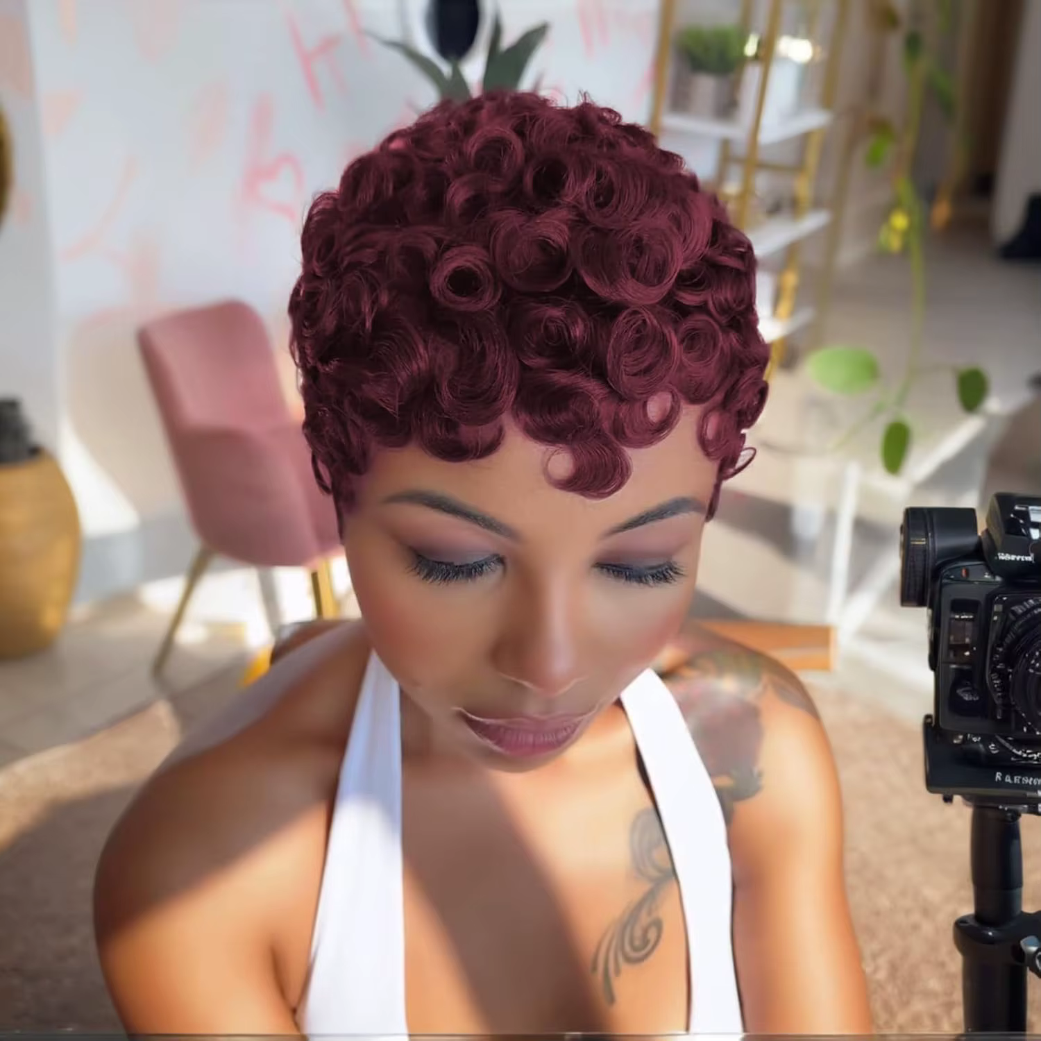 99J court couches Pixie bouclés perruques cheveux humains rouge foncé Chic Pixie coupe perruque de c