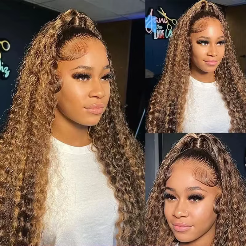 Perruque bouclée en cheveux humains blond miel, 13x4 Lace Front, Deep Wave, pré-épilée, avec dentell
