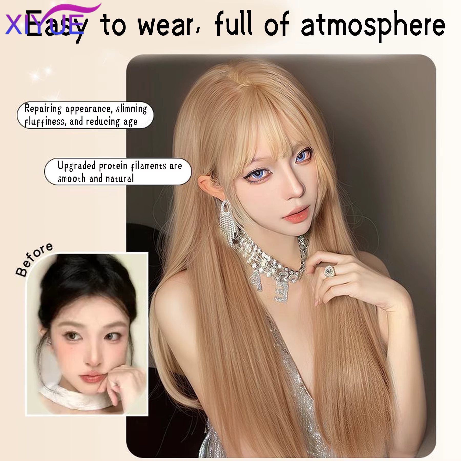 Perruque synthétique dorée avec frange naturelle moelleuse, cheveux lisses, longueur à la taille, po