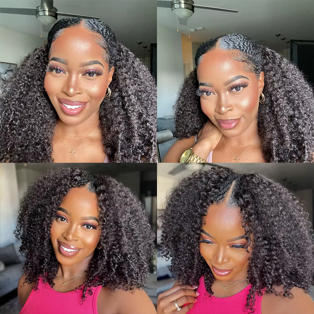 Kinky Curly V Part Perruque de cheveux humains pour femme, sans laisser de côté, partie fine, perruq