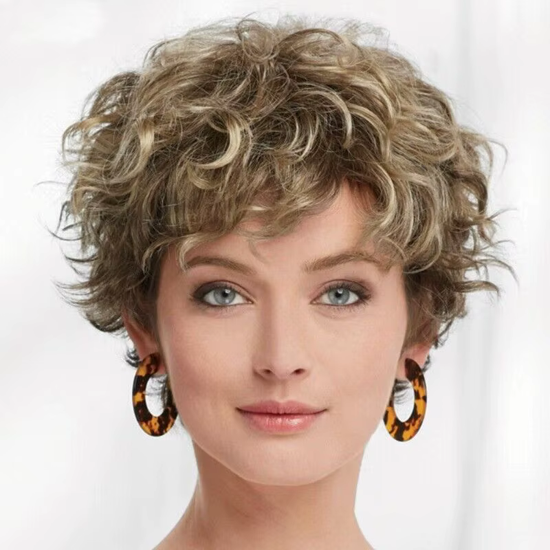 Dames perruque naturel court fille bouclés cheveux ondulés perruques femmes pleine perruque + bonnet