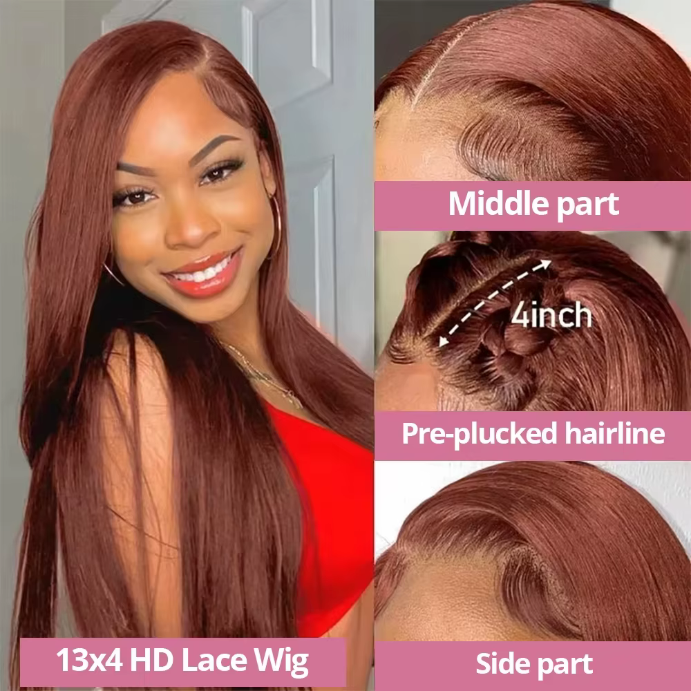 Perruques en cheveux humains lisses couleur chocolat avec dentelle frontale pour femmes, pré-épilées