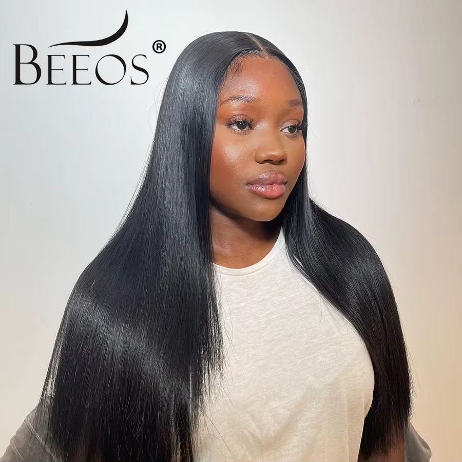 BEEOS-Perruque Lace Closure Wig sans colle naturelle, cheveux lisses pré-implantés, noir de jais, 2x