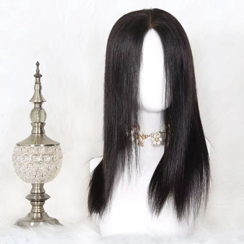 Perruque de cheveux humains européens vierges avec frange à Air, 6x6 pouces, haut en soie avec devan