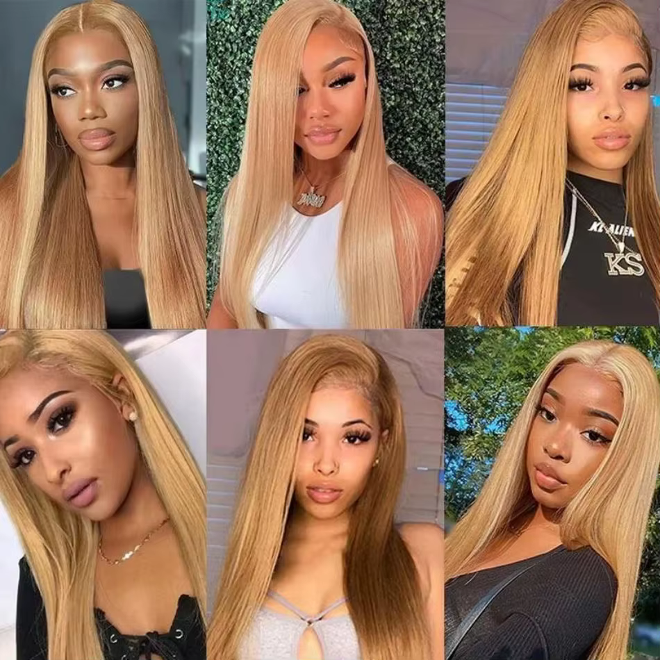 Perruques de cheveux humains lisses blond miel 27, colorées, avec dentelle frontale HD 13x6, perruqu