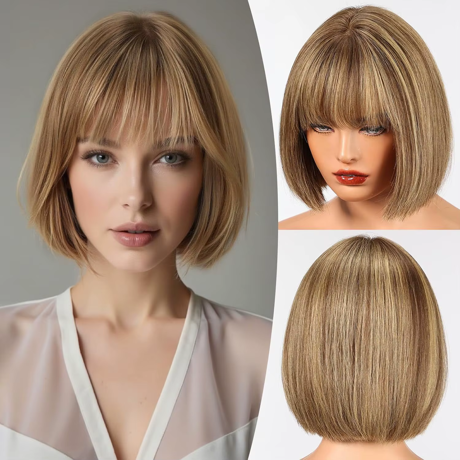 Bob brun mélangé blond Remy cheveux humains pour les femmes naturel droite perruques courtes avec fr