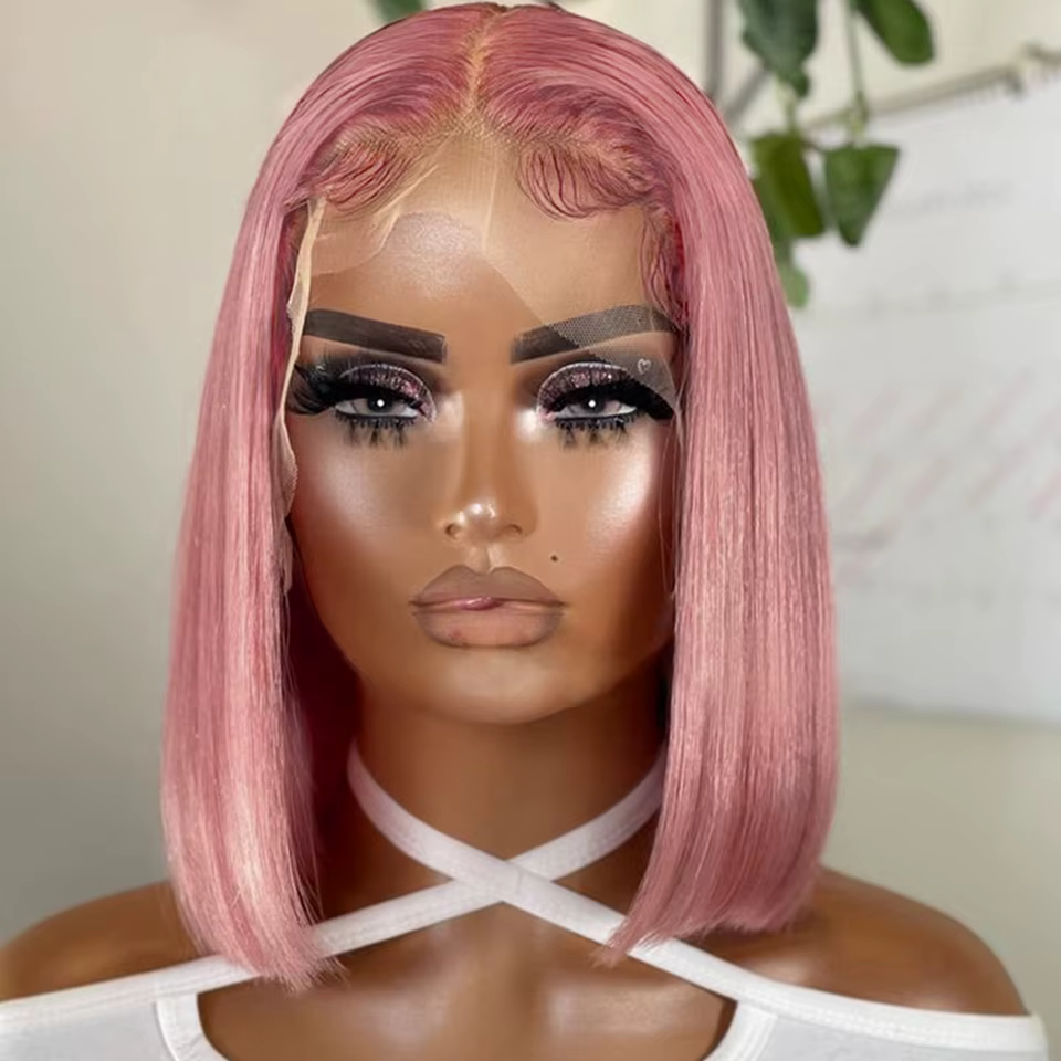 Perruque Bob Lace Front Wig naturelle lisse rose ombré, cheveux courts, Transparent, nœuds décolorés