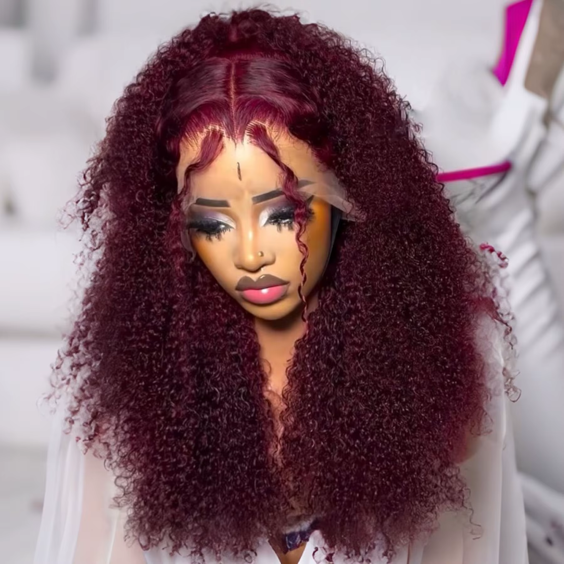Perruque Lace Frontal Wig synthétique Deep Wave 99J, couleur rouge bordeaux, 13x4, naissance des che