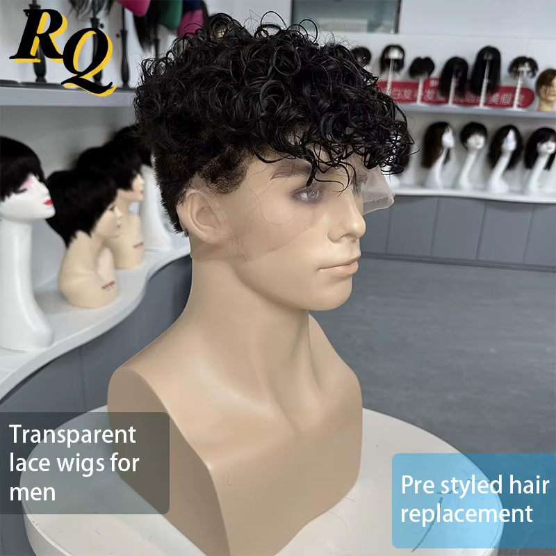 Perruque pleine dentelle bouclée prédécoupée pour hommes, perruques masculines en dentelle transpare