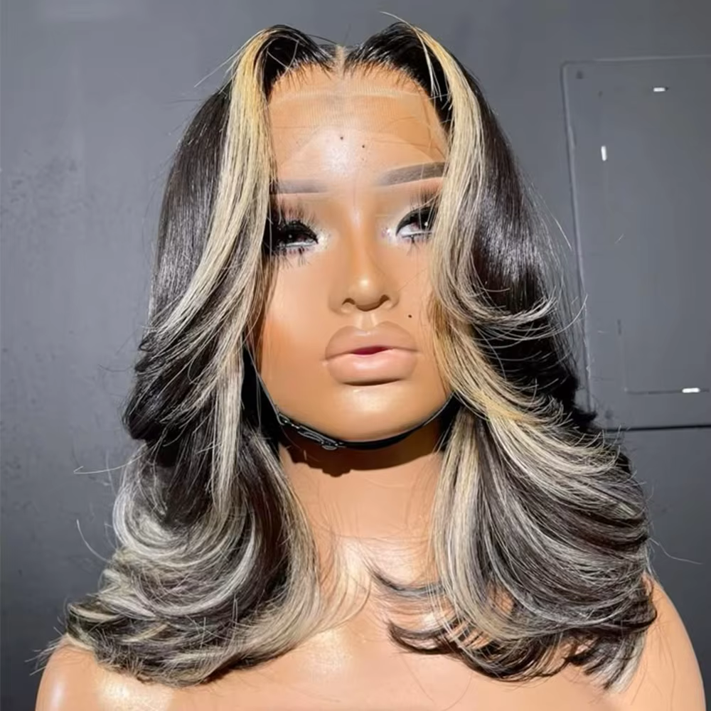 Perruques Dialola 5x5 Closure Blonde Highlight Coupe Dégradée Courte Bob Cheveux Humains Ombrés Pré-