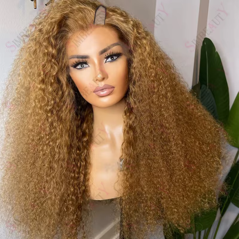 Perruques V-Part Blond Miel Mèches Dorées Cheveux Humains 100% Non Traités Bouclés Crépus Ombré Brun