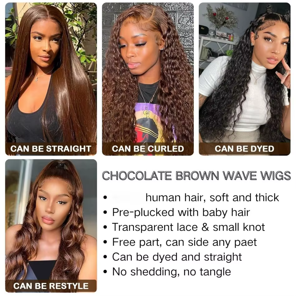 Perruques en cheveux humains ondulés brun chocolat, perruque frontale en dentelle HD 13x6, perruque 