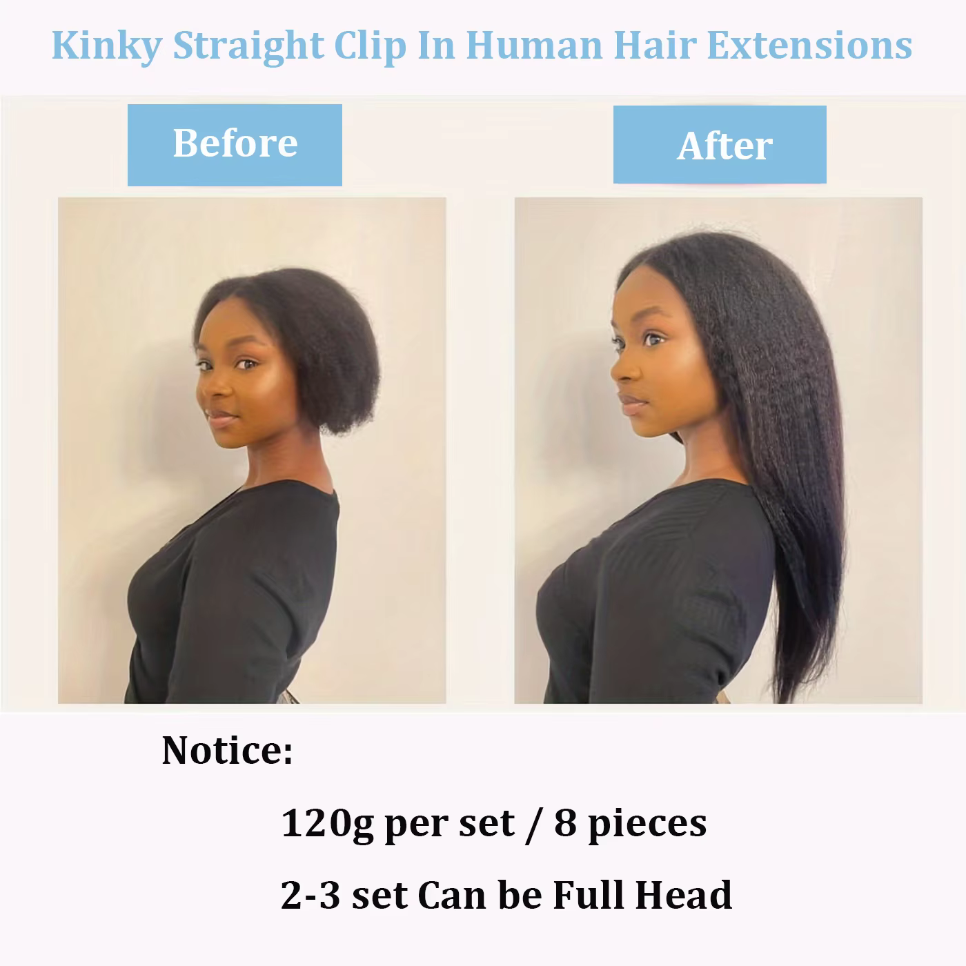 Extensions de cheveux humains crépus lisses, couleur naturelle, 100% cheveux humains Remy, 120G, 8 p