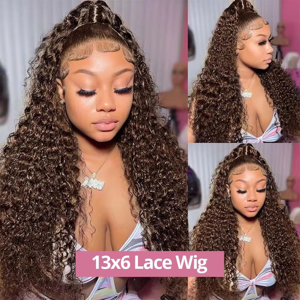 Perruques Lace Front Ondulées Marron Chocolat 40 Pouces, Perruque Frontale HD Deep Wave 13x4 13x6, P
