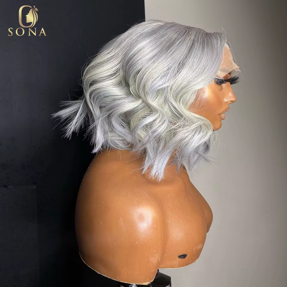 Perruque Bob Lace Front Wig Body Wave Naturelle, Cheveux Courts, Gris Clair, 13x6, 13x4, Couleur Blo