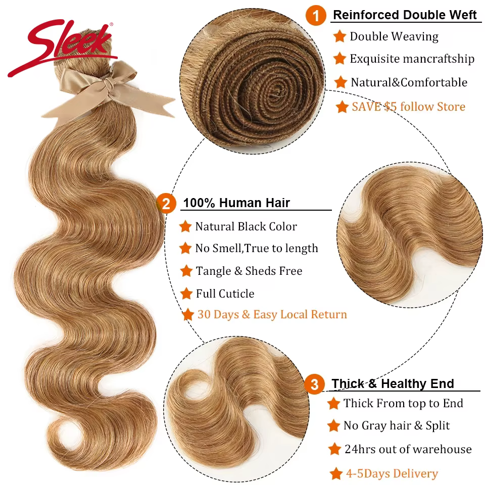 Mèches brésiliennes naturelles Remy Body Wave, élégantes, blond miel, 27 couleurs, 8 à 26 pouces, Ex