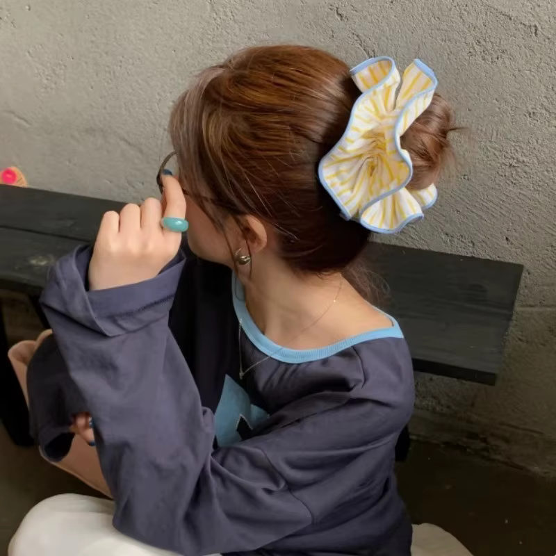 Anneau de cheveux rayé jaune pour femme, chouchou coréen haut de gamme, accessoires pour cheveux
