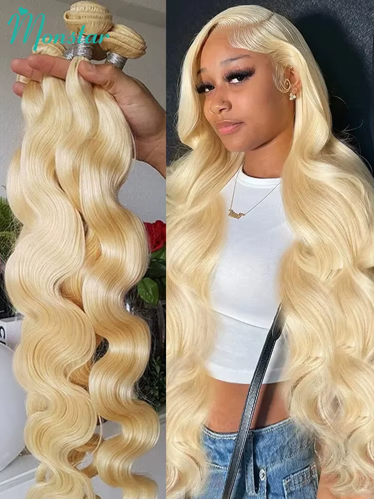 Extensions de cheveux blonds Monstar 613, tissage brésilien, 1, 3 ou 4 paquets, ondulés, Remy, 100% 