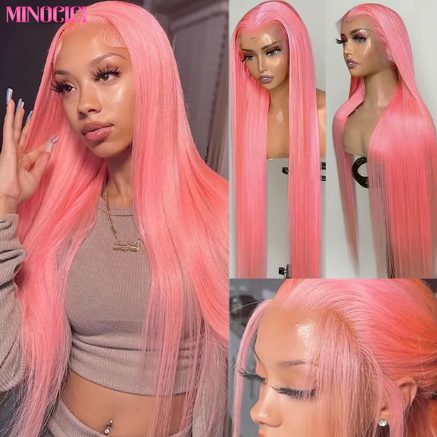 Perruque Lace Front Wig naturelle lisse rose 13x6 Hd, cheveux humains, 30 pouces, pre-plucked, densi
