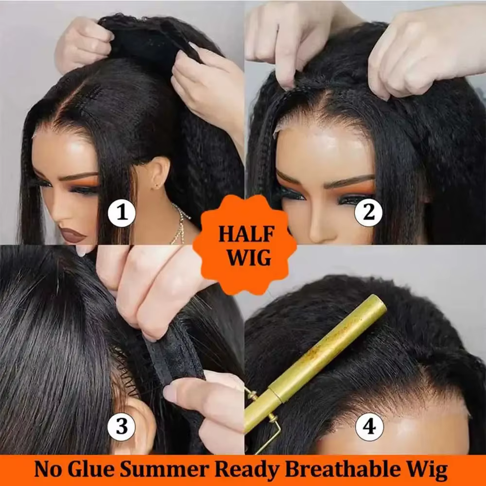 Perruque mi-tête noire 1B, cheveux humains raides crépus, avec sangle invisible, perruque brésilienn
